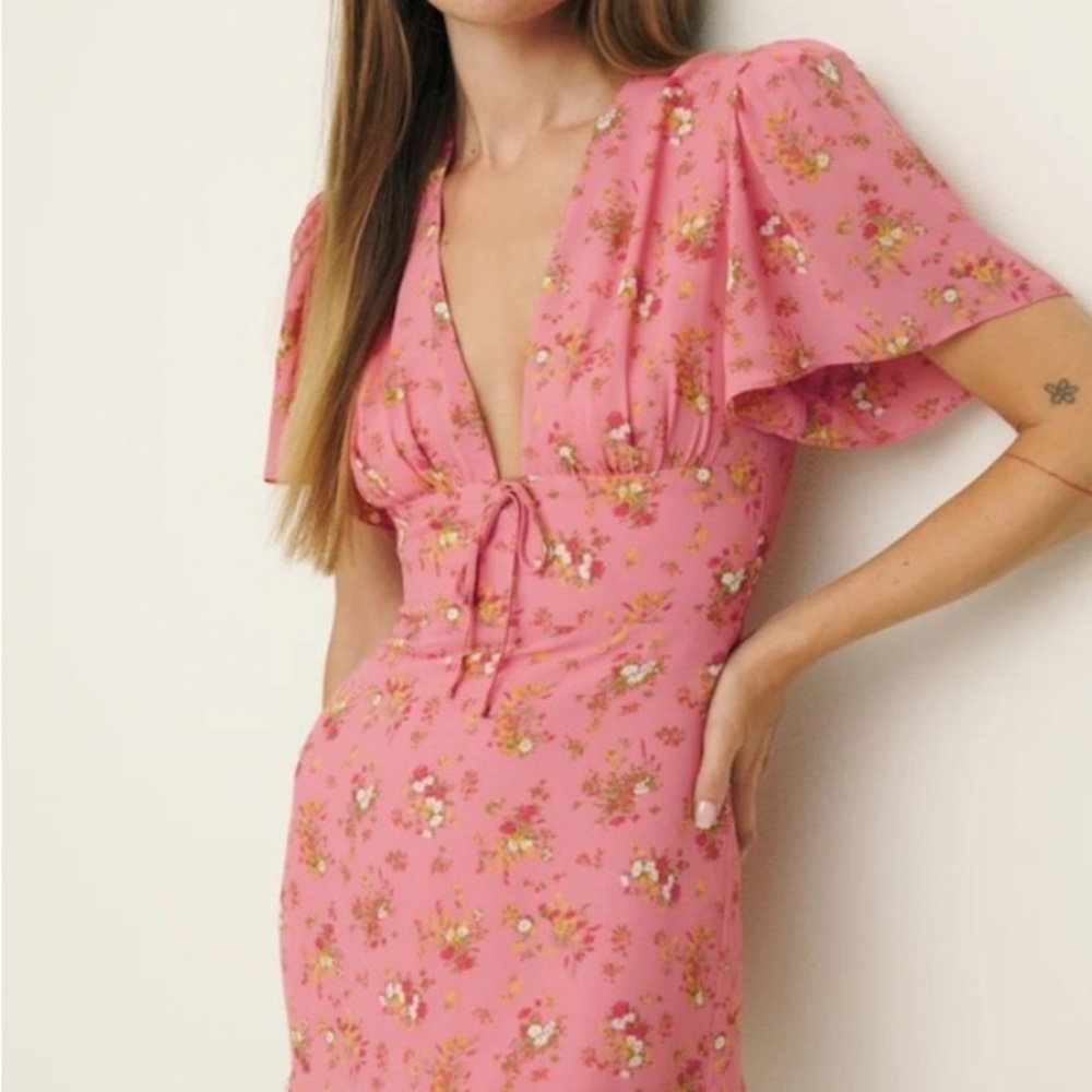 Reformation Mya Pink Ruffled Tie Front Mini Dress - Size 8